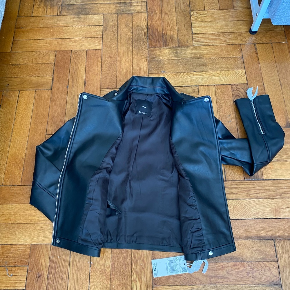 NWT MANGO FAUX-LEATHER BIKER JACKET Women's Black - XS - Picture 6 of 12